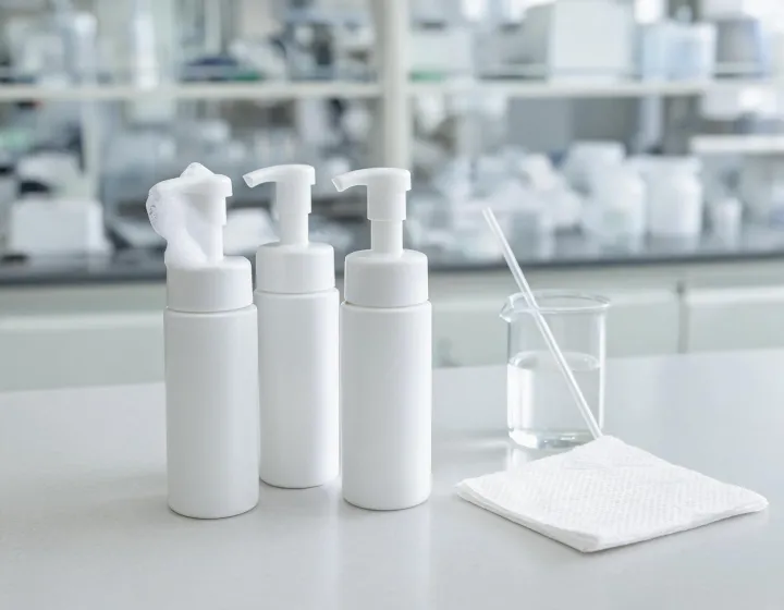 Foaming Cleanser Sourcing on a cosmetics bench, illustration only