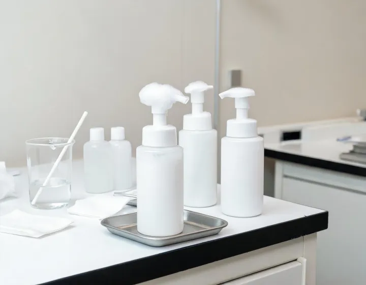 foaming cleanser on a cosmetics bench, illustration only