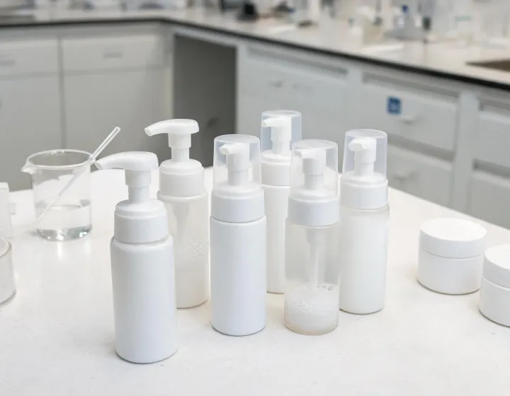 glucoside foaming cleanser on a cosmetics bench, illustration only