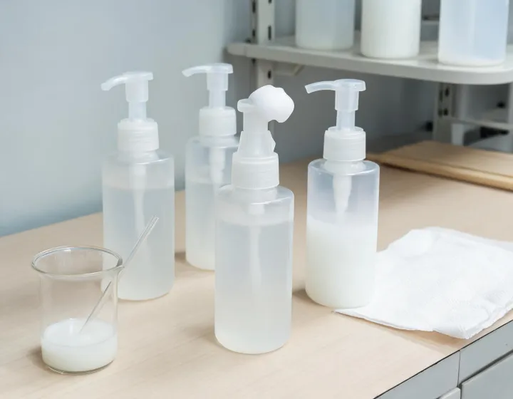 gentle foaming cleanser on a cosmetics bench, illustration only